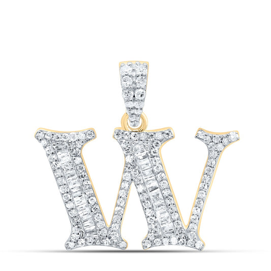0.41 Ctw Natural Diamond Bagguette Initial Letter W Pendant in 10k Yellow Gold