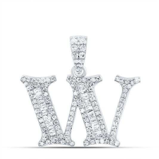 0.4 Ctw Natural Diamond Bagguette Initial Letter W Pendant in 10k White Gold