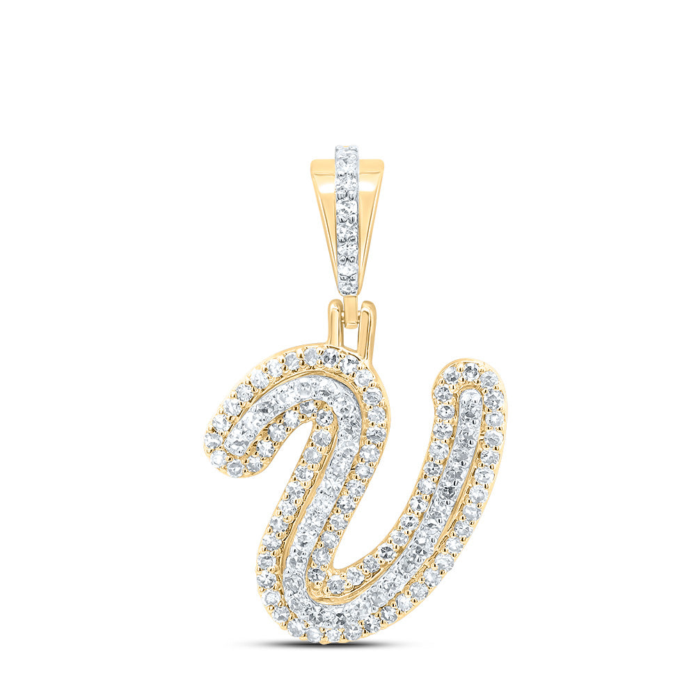 0.37 Ctw Natural Diamond Hiphop Designer Initial Letter V Pendant in 10k Yellow Gold