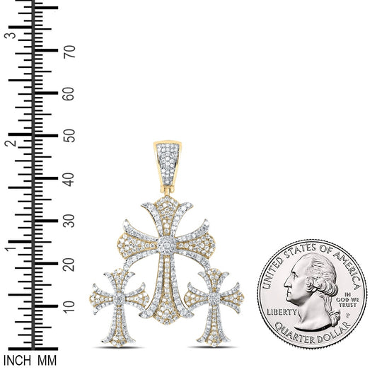 1.55 Ctw Natural Diamond 3 Three Cross Religious Pendant in 10k Yellow Gold