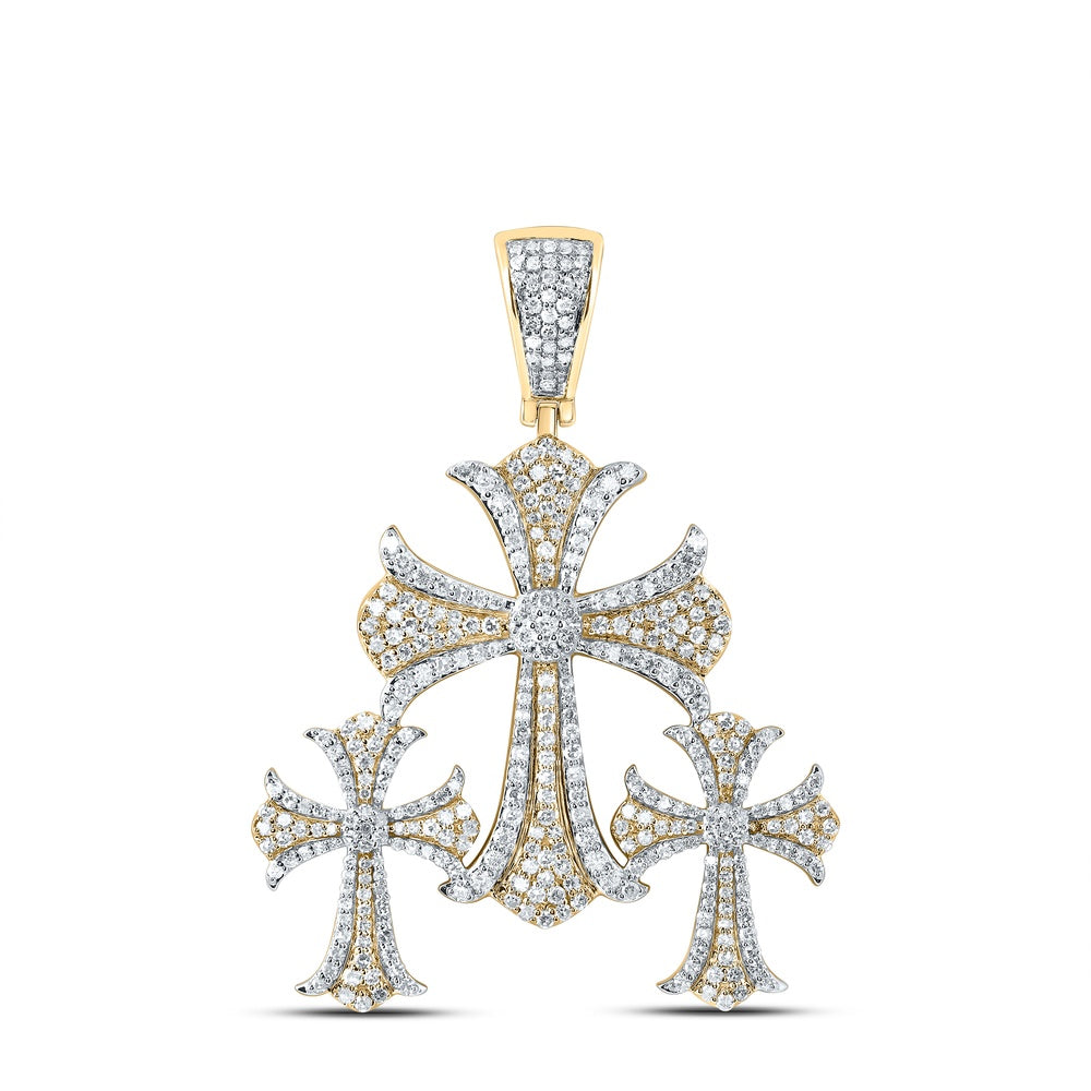 1.55 Ctw Natural Diamond 3 Three Cross Religious Pendant in 10k Yellow Gold