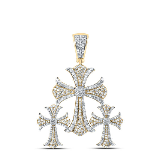 1.55 Ctw Natural Diamond 3 Three Cross Religious Pendant in 10k Yellow Gold