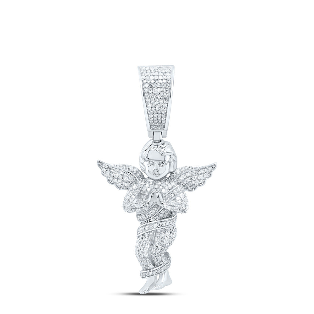 1.39 Ctw Natural Diamond Angel Wings Praying Hands Pendant in Sterling Silver