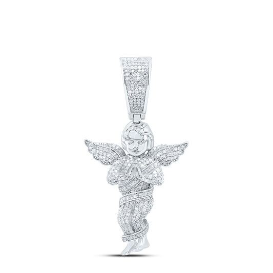 1.39 Ctw Natural Diamond Angel Wings Praying Hands Pendant in Sterling Silver