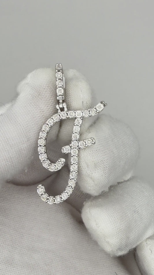 0.14 Ctw Natural Diamond Cursive Initial Letter F Pendant in 925 Sterling Silver